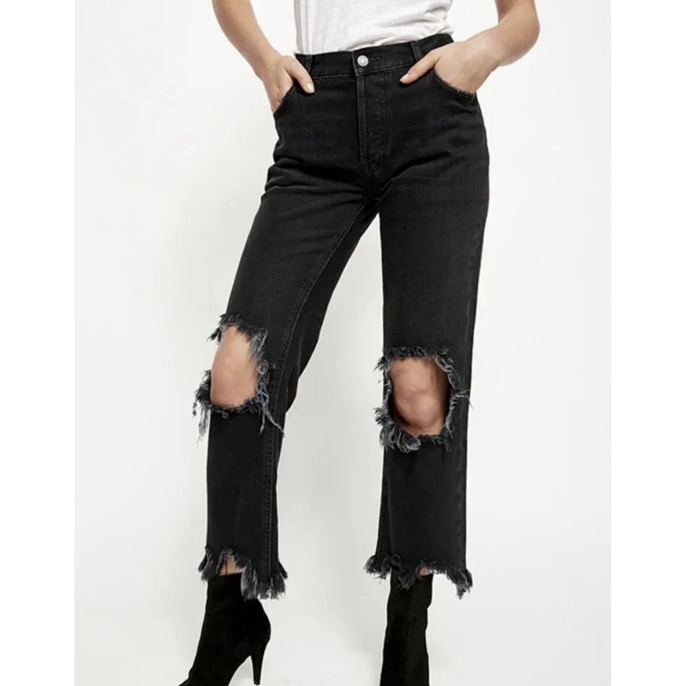 New Free People Maggie Ankle Jeans Size 25 Distressed Mid Rise Raw Hem Black